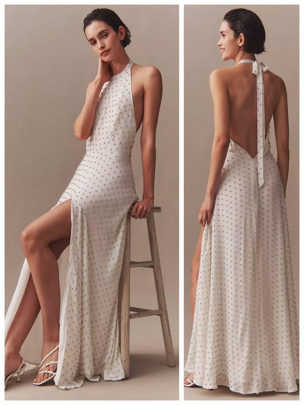 Azeeza Rosa Crystal Embellished Halter Maxi Dress Ivory Bridal Small NWT